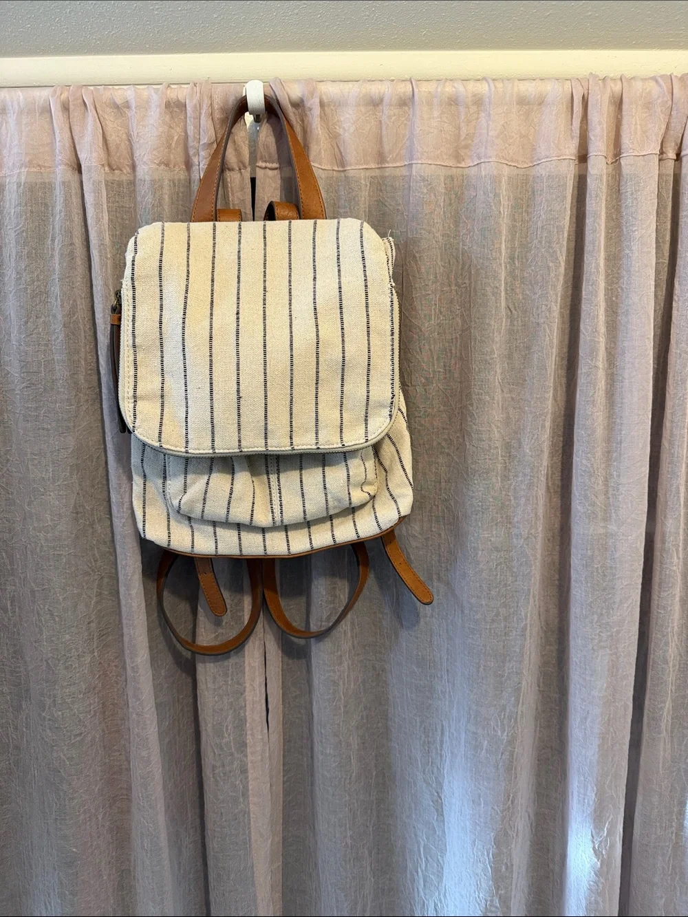 Striped Canvas Backpack with Brown Trim - Cream and Brown